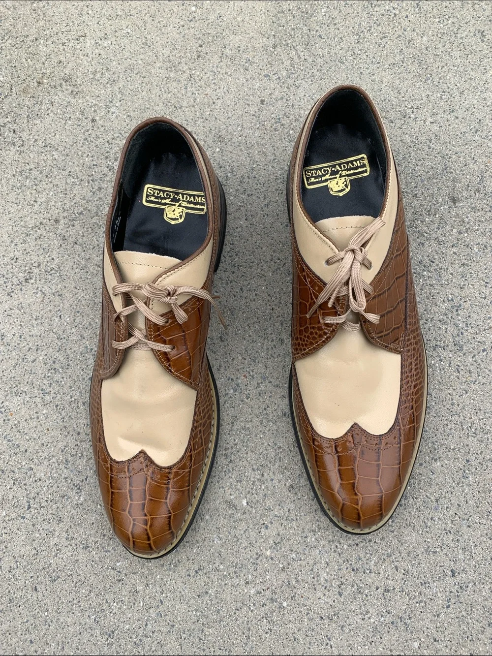 Stacy Adams Leather Brown Croc-Embossed & Cream Two-Tone Wingtip Oxfords Size 9